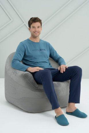 mavi baskılı erkek pijama takımı