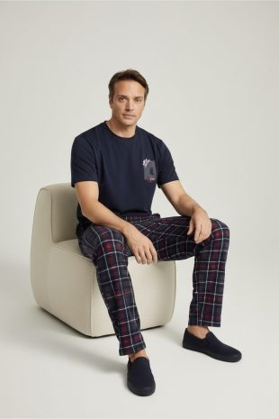 lacivert baskılı ekose erkek pijama takımı