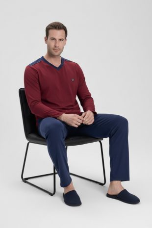 kırmızı v yaka uzun kollu pijama
