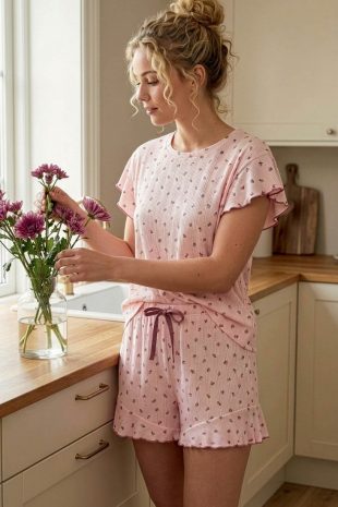 pembe baskı detaylı kısa Şortlu pijama takımı