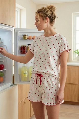 yeşil baskı detaylı kısa Şortlu pijama takımı