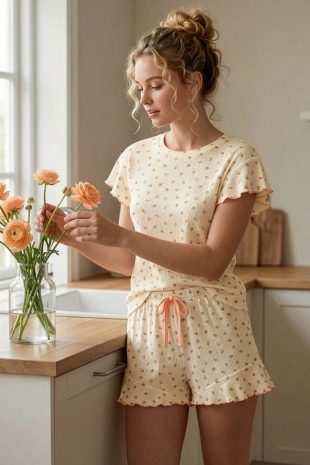 sarı baskı detaylı kısa Şortlu kadın pijama takımı
